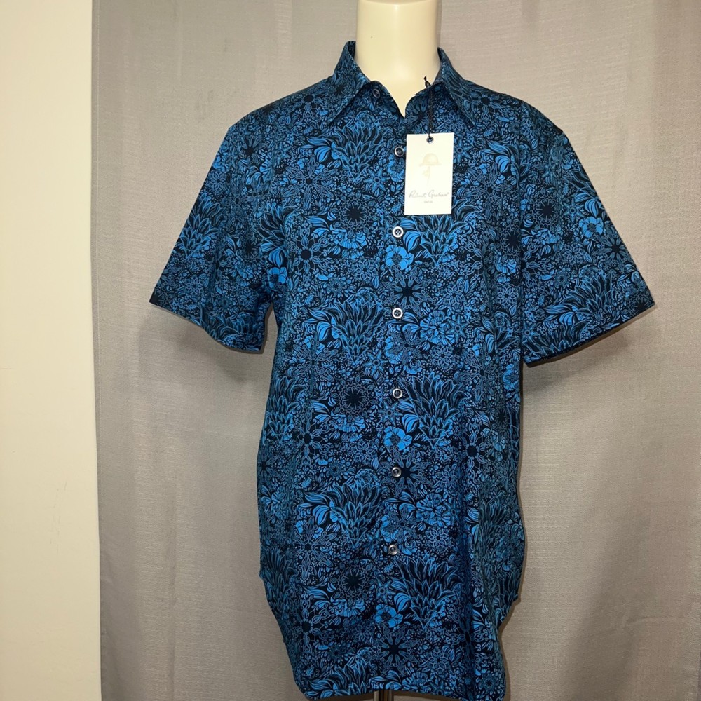Robert Graham Shirts Navy Reese Short-Sleeve Button Shirt Men's Size S